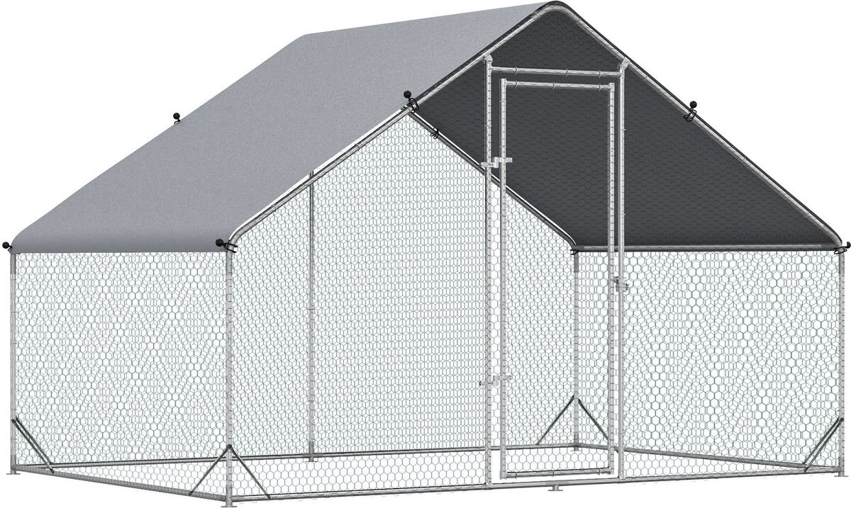 PawHut Walk-in Poultry Cage Galvanized Outdoor Metal Chicken Coop， Silver， Large