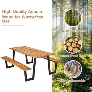 Costway Natural Wood Outdoor Picnic Table Bench Set Outdoor Dining Table Set with 2 in. Umbrella Hole and Metal Frame GHMF0002