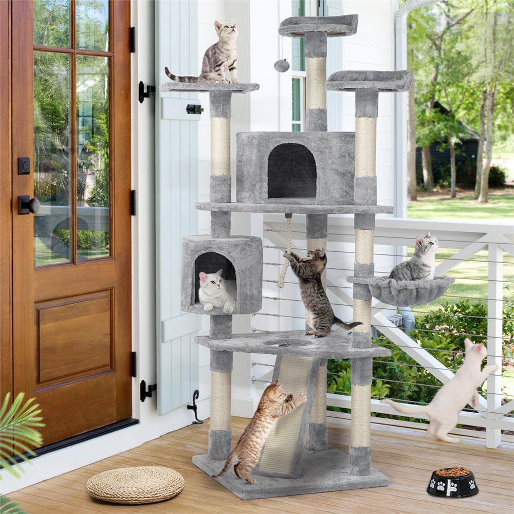 Topeakmart 798221 Multilevel Cat Tree Condo with Basket and Scratching Posts and Ramp Light Gray  Crowdfused