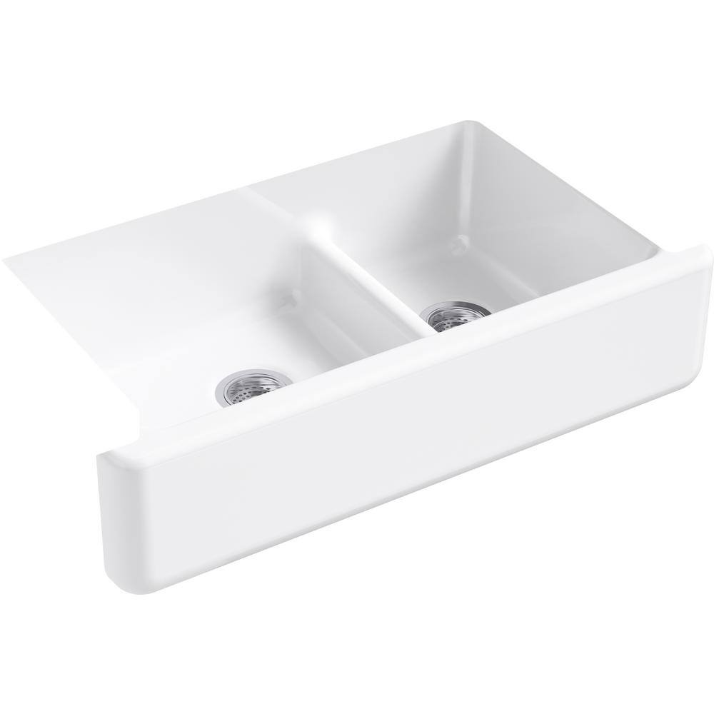 KOHLER Whitehaven SmartDivide Undermount Farmhouse Tall Apron Front 36 in. Double Bowl Kitchen Sink White with Basin Racks K-6427-0-5828-ST-5874-ST