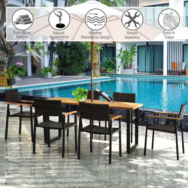 7 Pcs Rattan Patio Dining Set with 2.16'' Umbrella Hole, Acacia Wood Tabletop, Wicker Armchairs