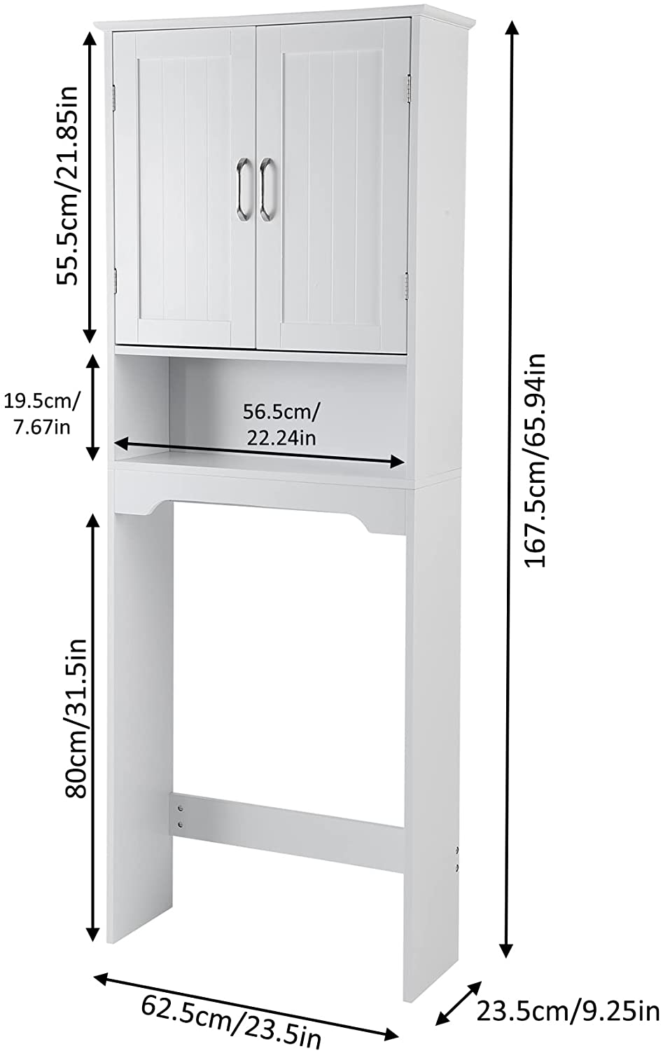 HOMEFORT Wood Over Toilet Storage Cabinet, Freestanding Bathroom Spacesaver, Toilet Bathroom Shelf Organizer with Double Wood Doors and Adjustable Shelf, White