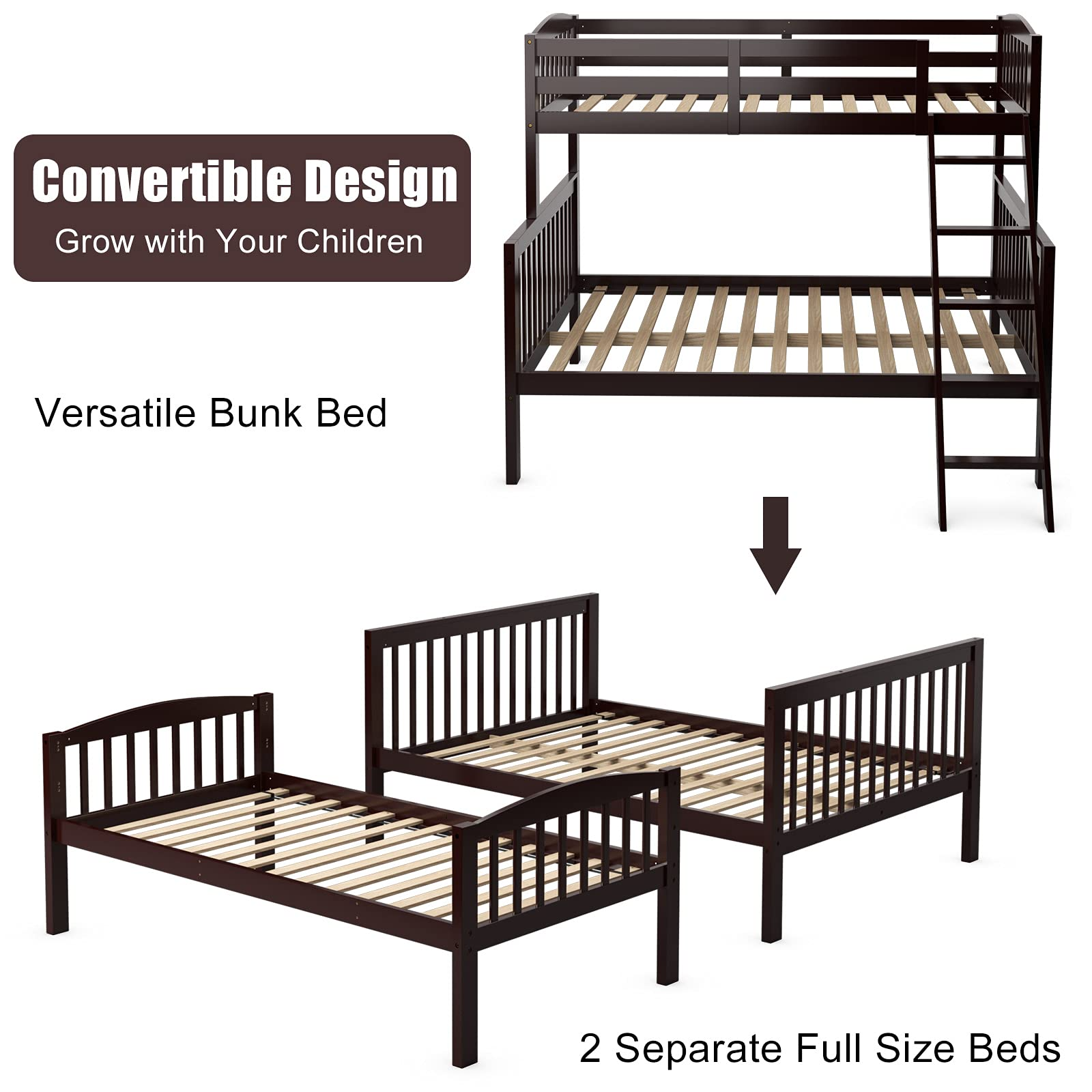 Costzon Twin Over Full Bunk Bed, Convertible Bunk Bed with Enhanced Upper-Level Guardrail and Safe Ladder