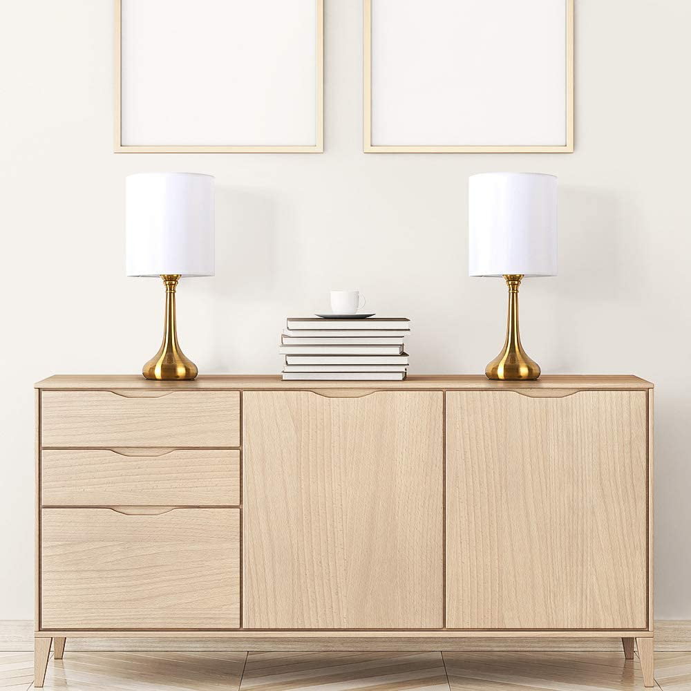 Modern Nightstand Lamps Set of 2 with Gold Metal Base and White Fabric Shade