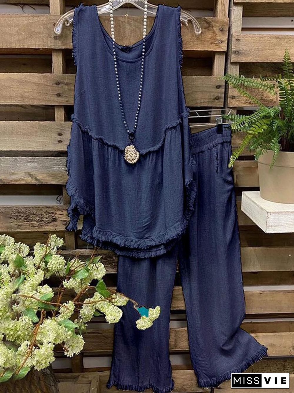 Tassel Sleeveless Top Straight Pants Two-Piece Set