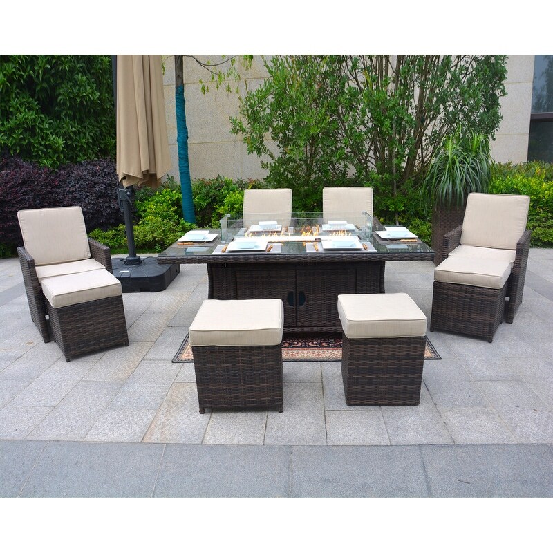 Gosata 9 Piece Outdoor Rectangle Gas Fire Table Patio Wicker Dining Set