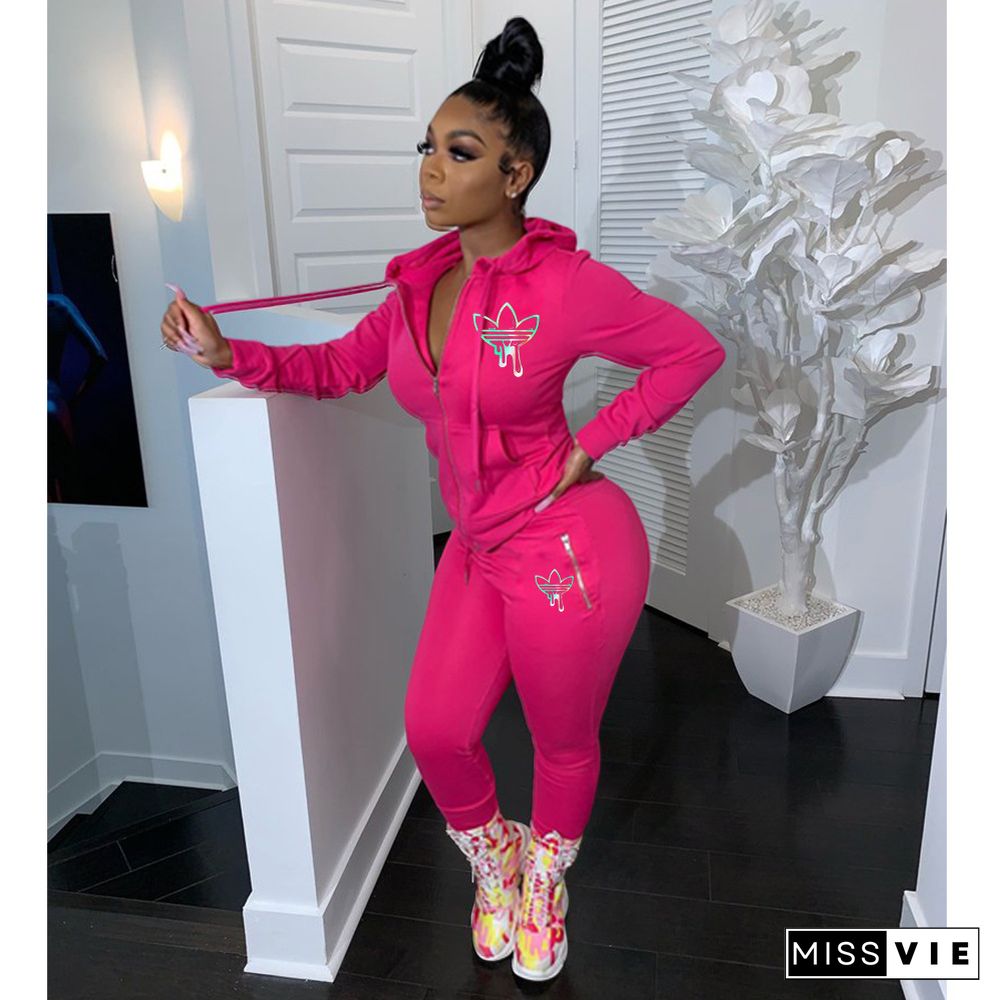 Zipper Up Long Sleeve Hooded Top Pencil Pants Sweatsuit