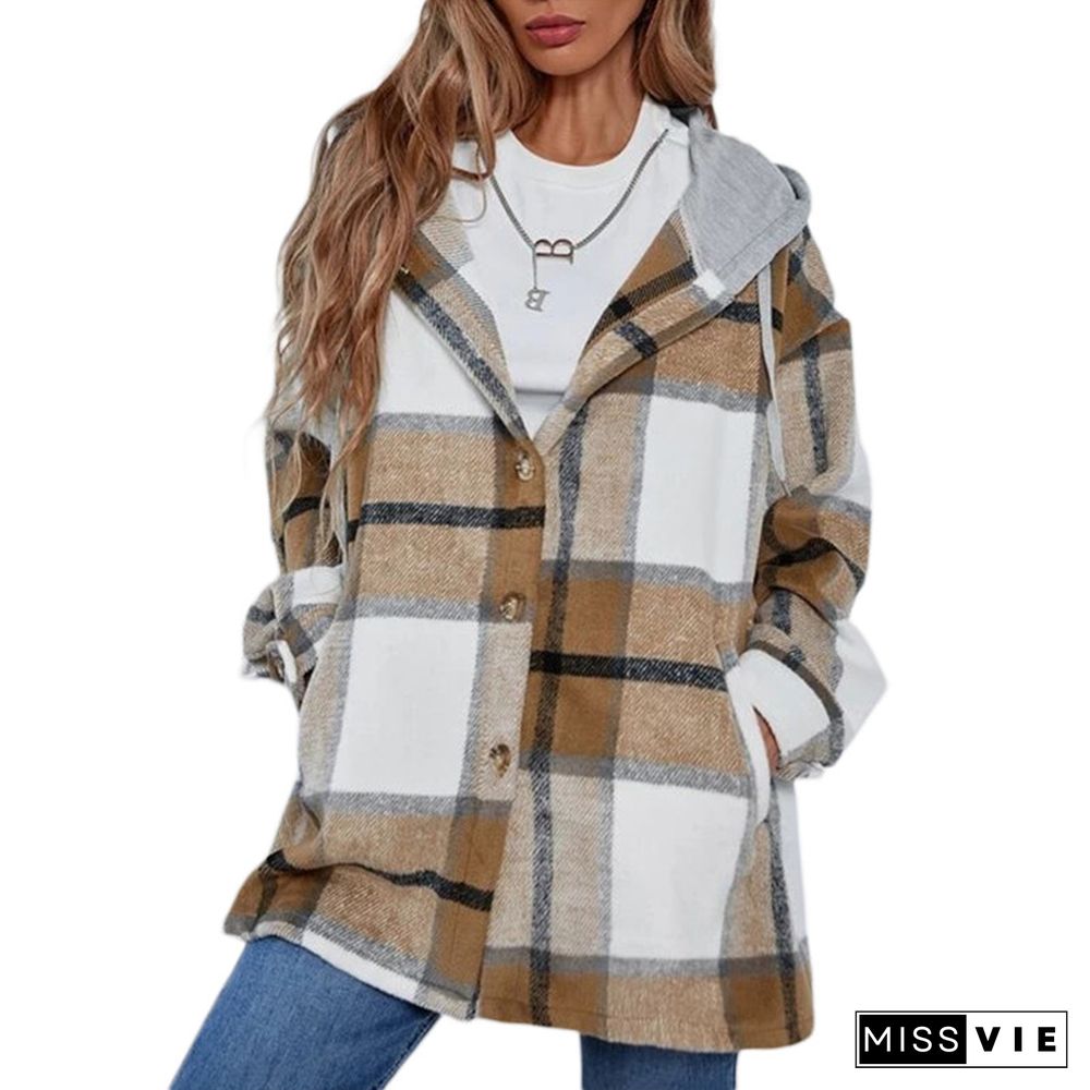 Plaid Jacket Women Overshirt Long Checkered Jackets Female Long Sleeve Winter Hooded Coat Shirt Jacket Harajuku Tops