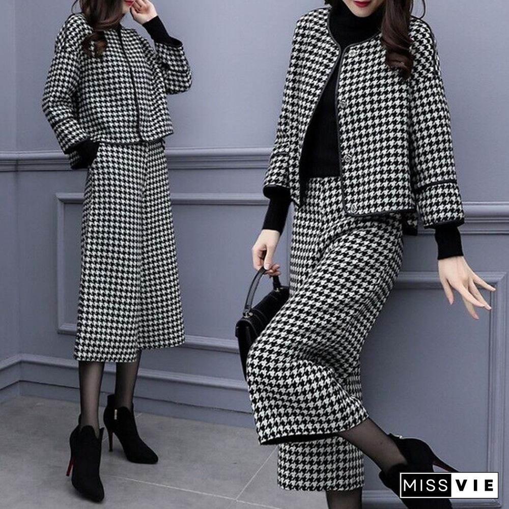 Autumn Winter Two Piece Sets Outfits Women Woolen Coat And Cropped Wide Leg Pants Suits Office Elegant Sets