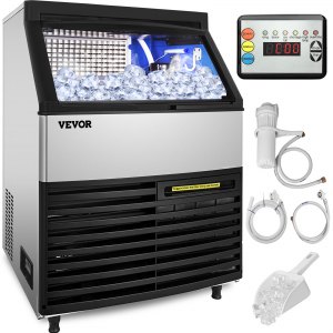 VEVOR 110V Commercial Ice Machine 320LBS/24H with 77LBS Bin， Clear Cube LED Panel， Stainless Steel， Air Cooling， ETL Approved， Professional Refrigeration Equipment， Include Scoop and Connection Hose