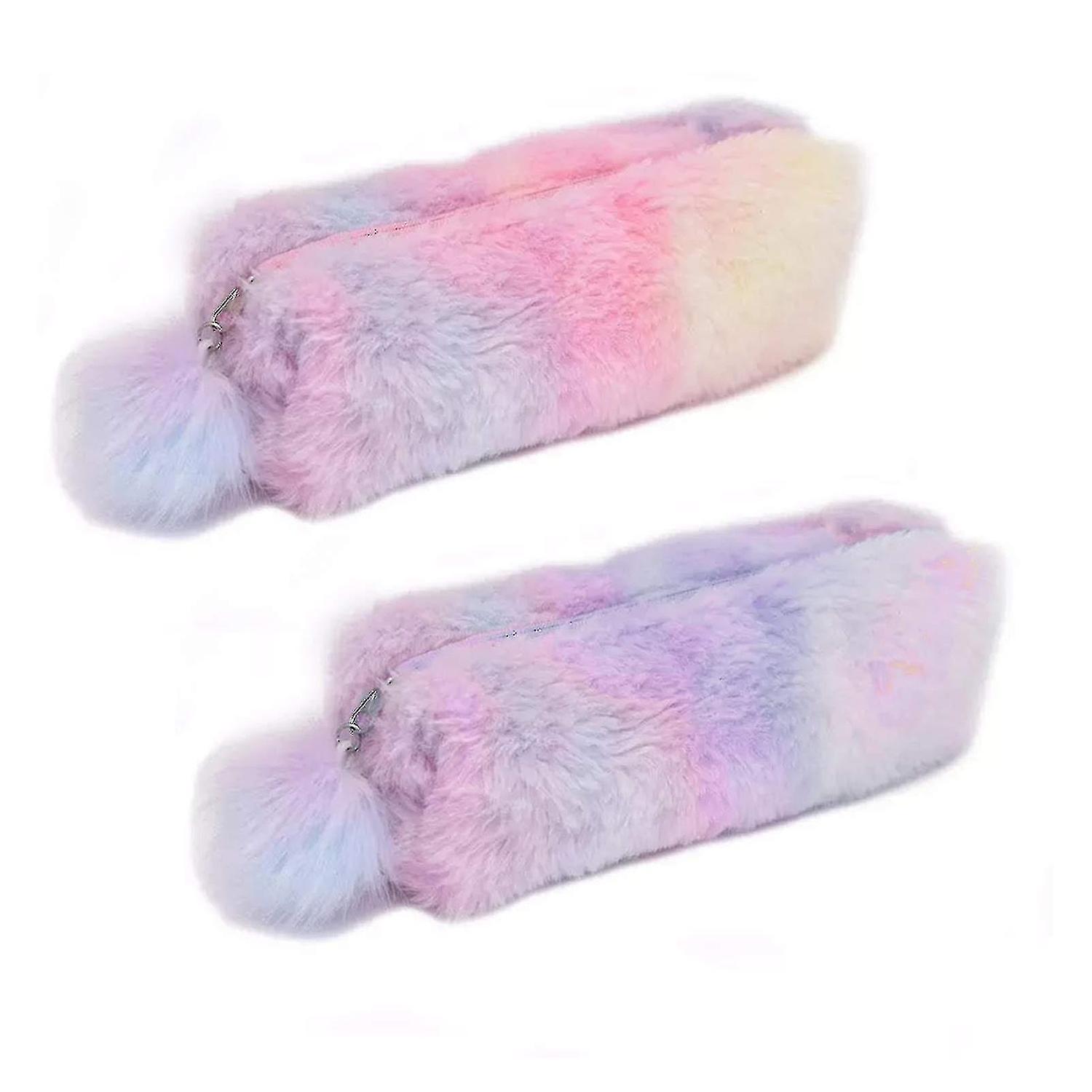 2pcs Plush Rainbow Pencil Case For Girls Fluffy Pencil Case Cute Rainbow Pencil Holder Soft Pencil C