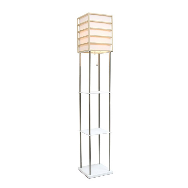 Metal wood Etagere Floor Lamp With Storage Shelves And Linen Shade Brushed Nickel Lalia Home