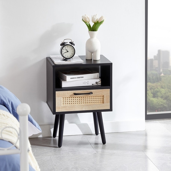 Rattan End table with drawer and solid wood legs