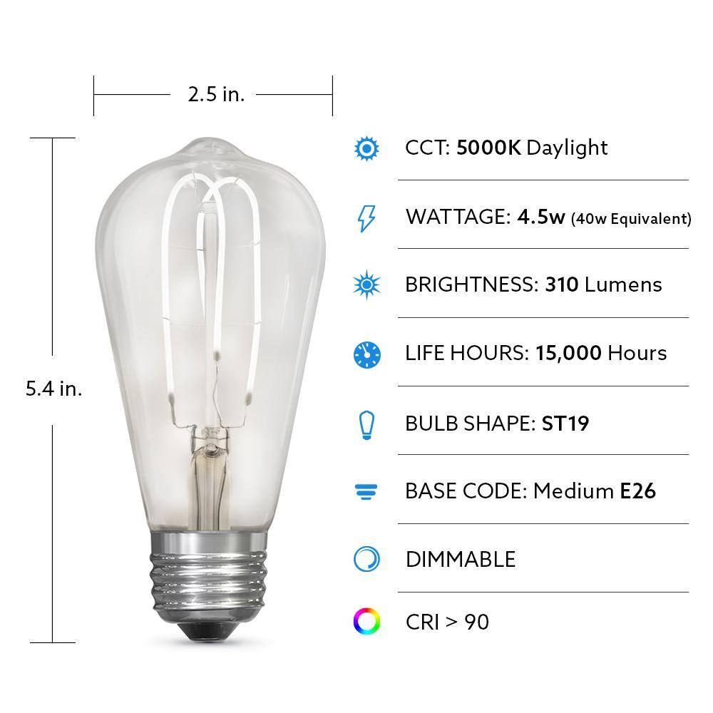 Feit Electric 40-Watt Equivalent ST19 DImmable M Shape Filament Clear Glass Vintage Edison LED Light Bulb Daylight (4-Pack) ST1940MCL950CAHDRP4