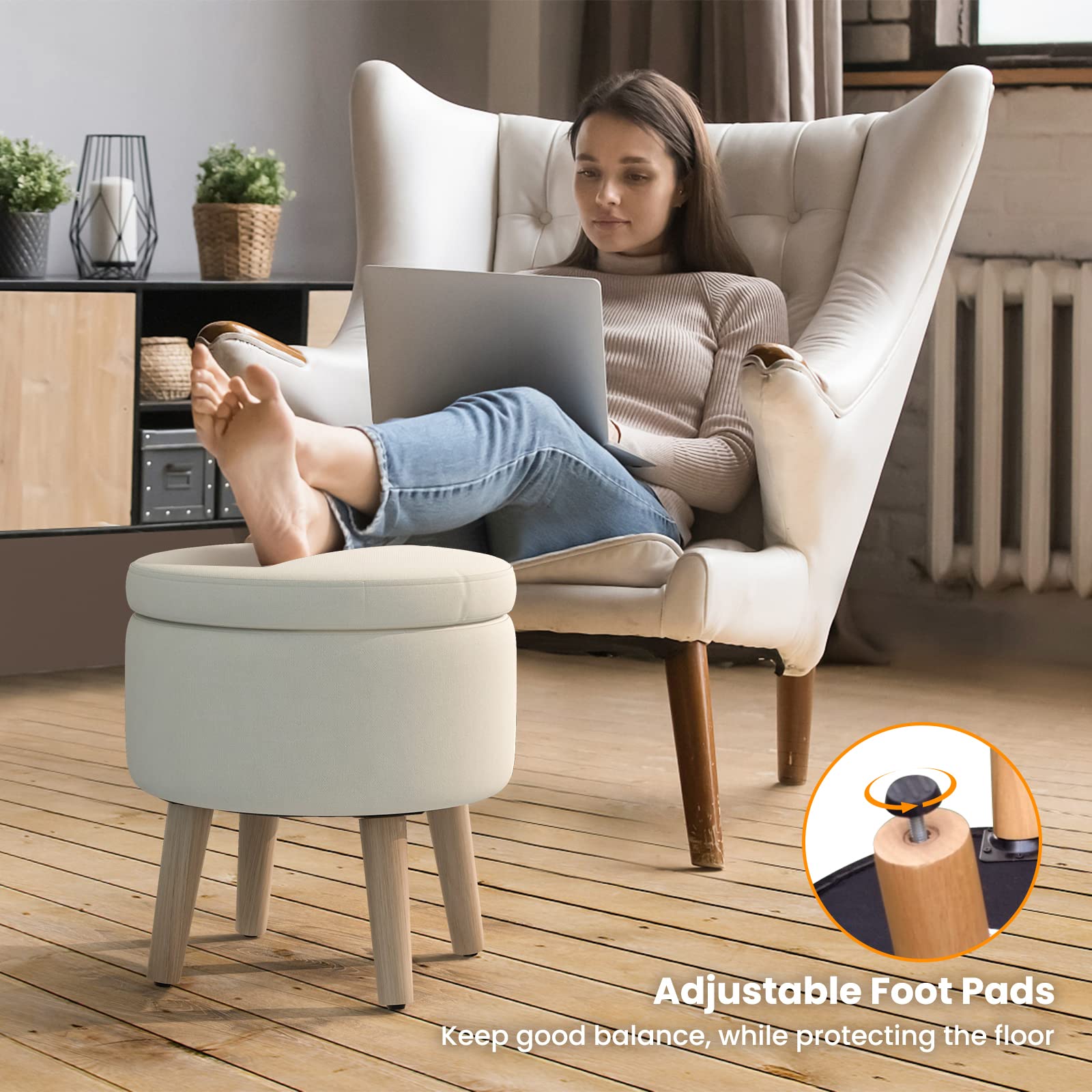 Giantex Storage Ottoman Foot Rest - Round Ottoman Coffee Table Top Cover, Wood Legs