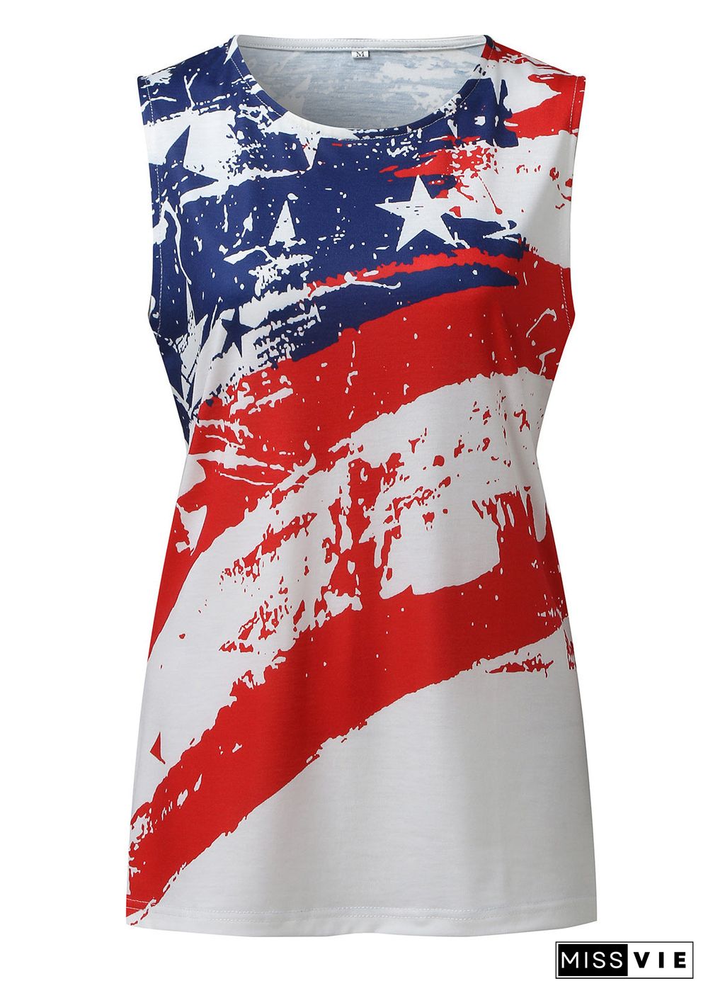 Bohemian Red O-Neck Flag Print Cotton Tank Top Sleeveless