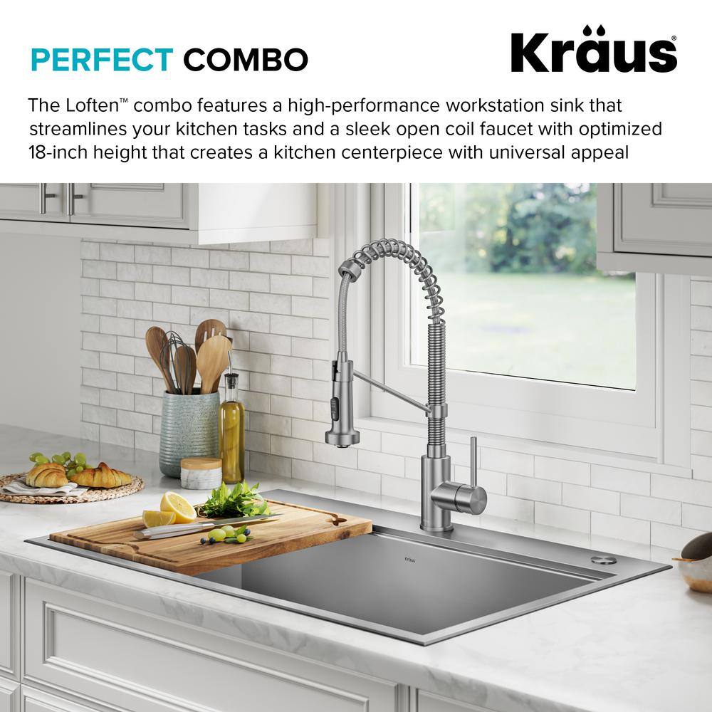 KRAUS Loften 33 in. Drop-inUndermount Double Bowl Stainless Steel Kitchen Workstation Sink with Faucet and Accessories KWT302-3318-1610SFS