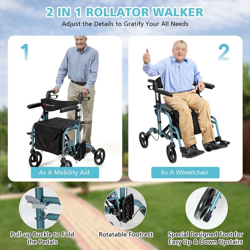 2 in 1 Rollator Walker Wheelchair Folding Medical Walker Rolling Transport Chair Mobility Walking Aid