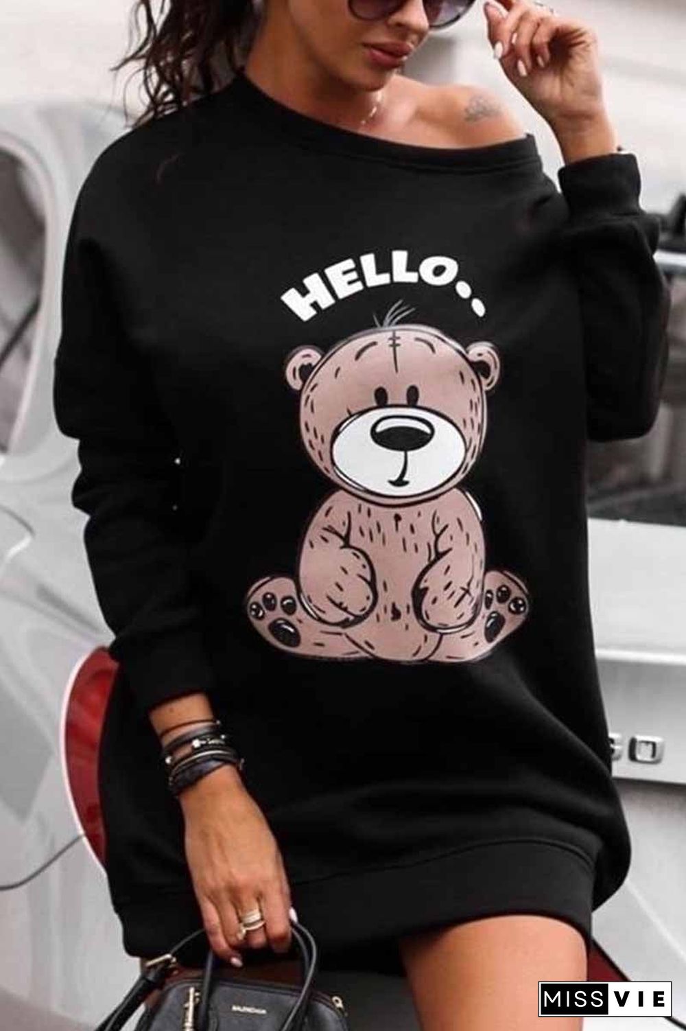 Bear Print Long Sleeve Sweatshirt Dress