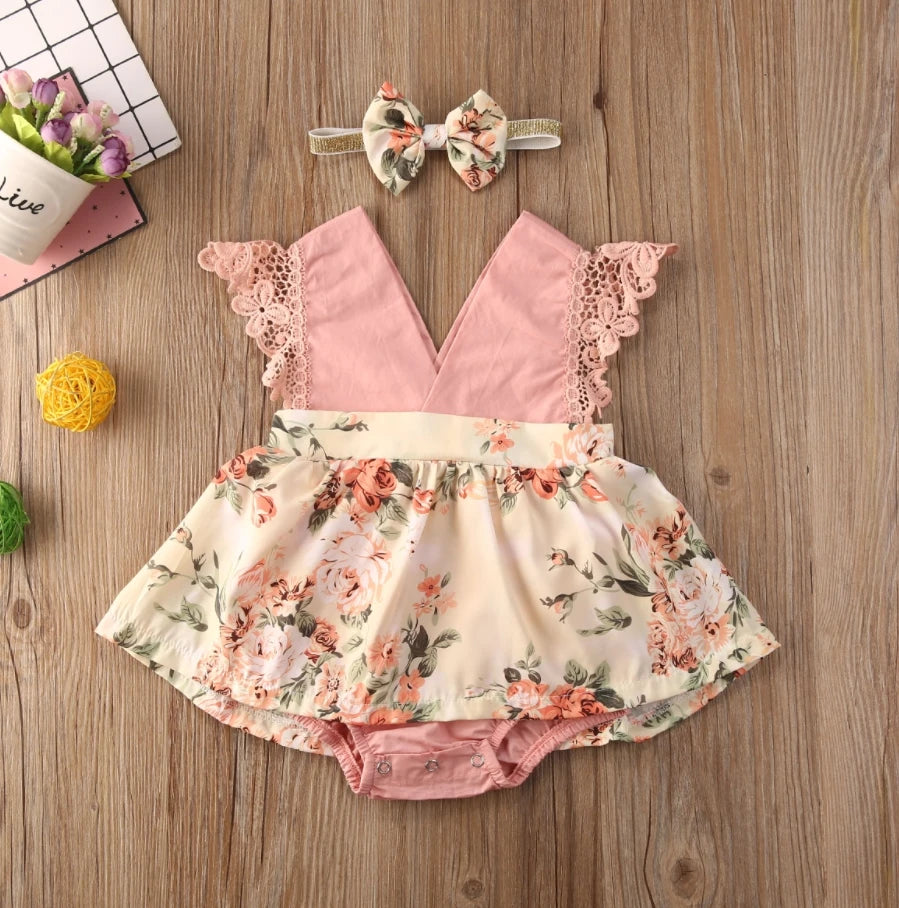 New Arrival 2pcs Red Flower Baby Clothing Newborn Baby Girls Lace Backless Romper Dress Jumpsuit Outfits Clothes 0-24M