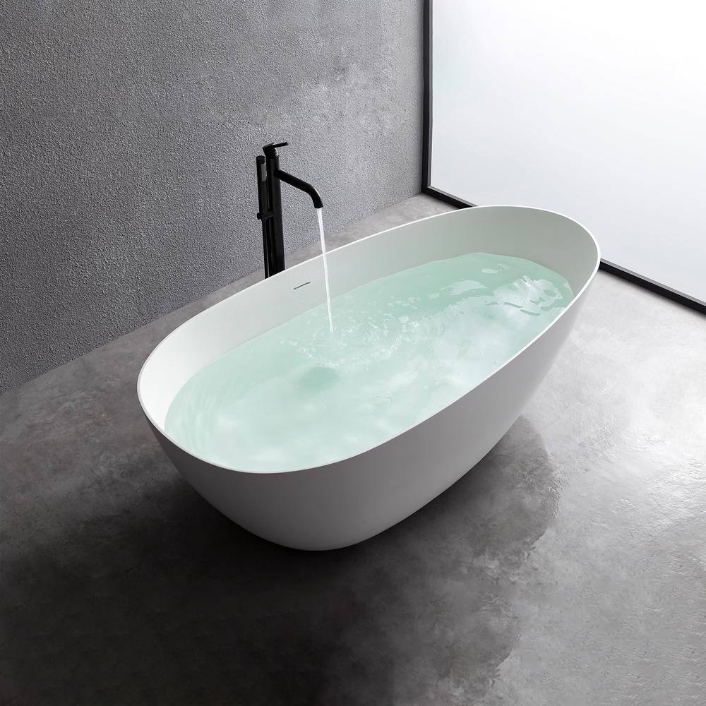 MEDUNJESS Luna 59 in. Stone Resin Solid Surface Matte Flatbottom Freestanding Bathtub in White FS302-1500