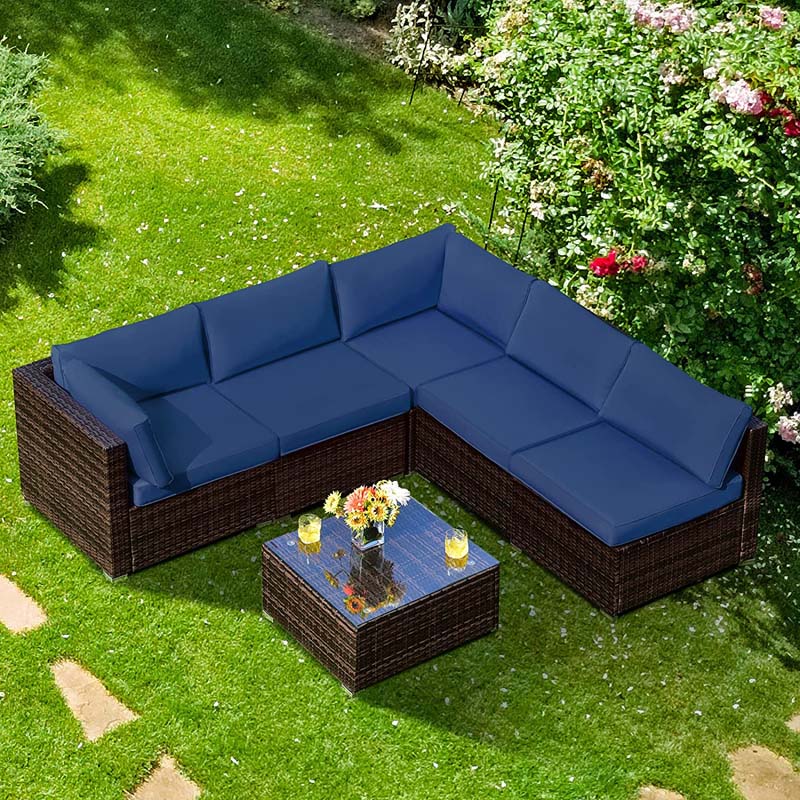 6 Pcs Rattan Patio Sectional Sofa Set Outdoor Conversation Furniture Set with Cushions & Glass Coffee Table