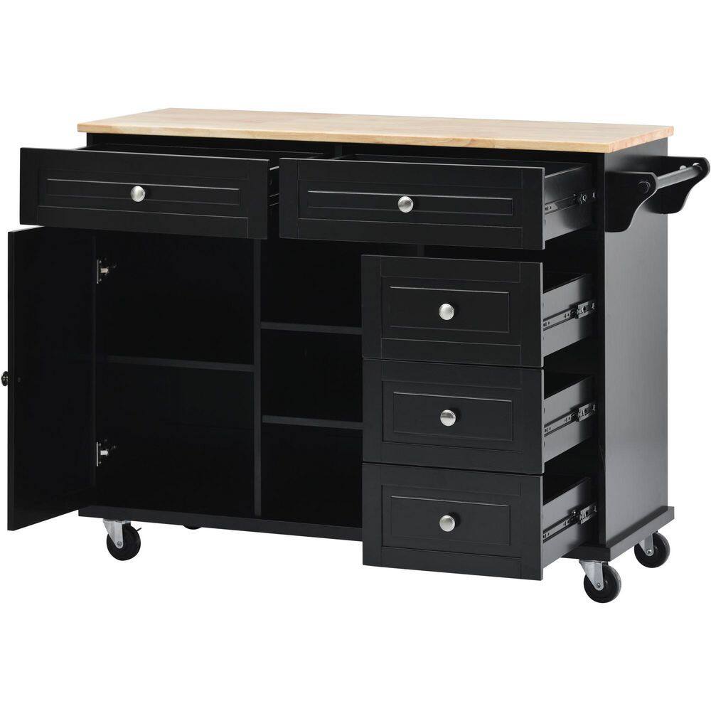 Black Kitchen Island with Wheels Large Storage and Adjustable Shelves Q003-AAB