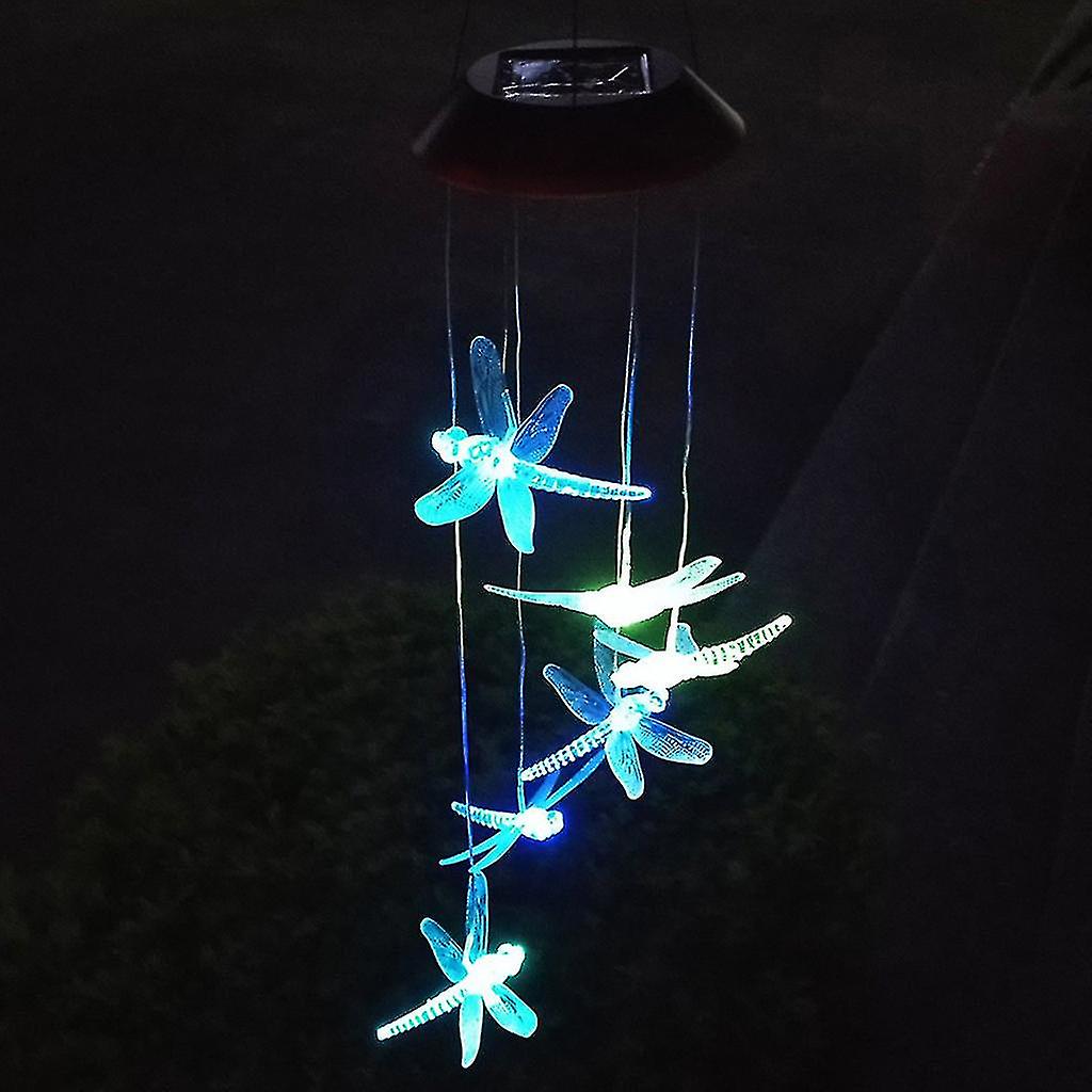 Led Solar Powered Dragonfly Wind Chimes Light Home Garden Hanging Lamp Decor