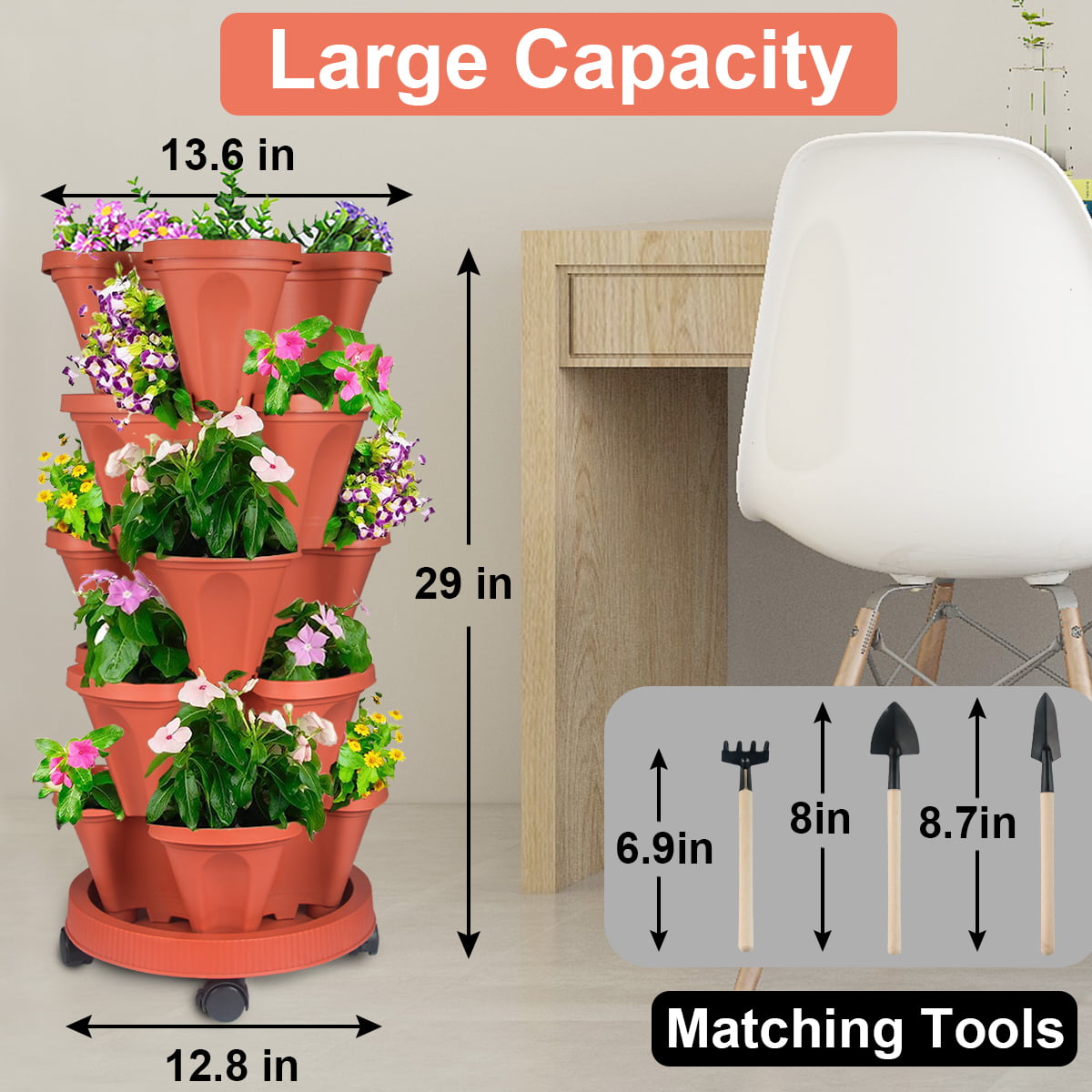 Stackable Planter, 5 Tier Vertical Garden Planter with Movable Wheels and Planters Tools, Tower Garden Planters for Vegetables, Flowers, Herbs, Strawberries Planting, Indoor Outdoor Gardening Pots