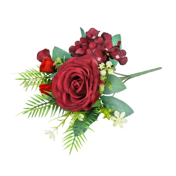 Set of 4 Burgundy Red Artificial Delicate Mixed Rose Hydrangea Flower Stem Bush Bouquet 11in