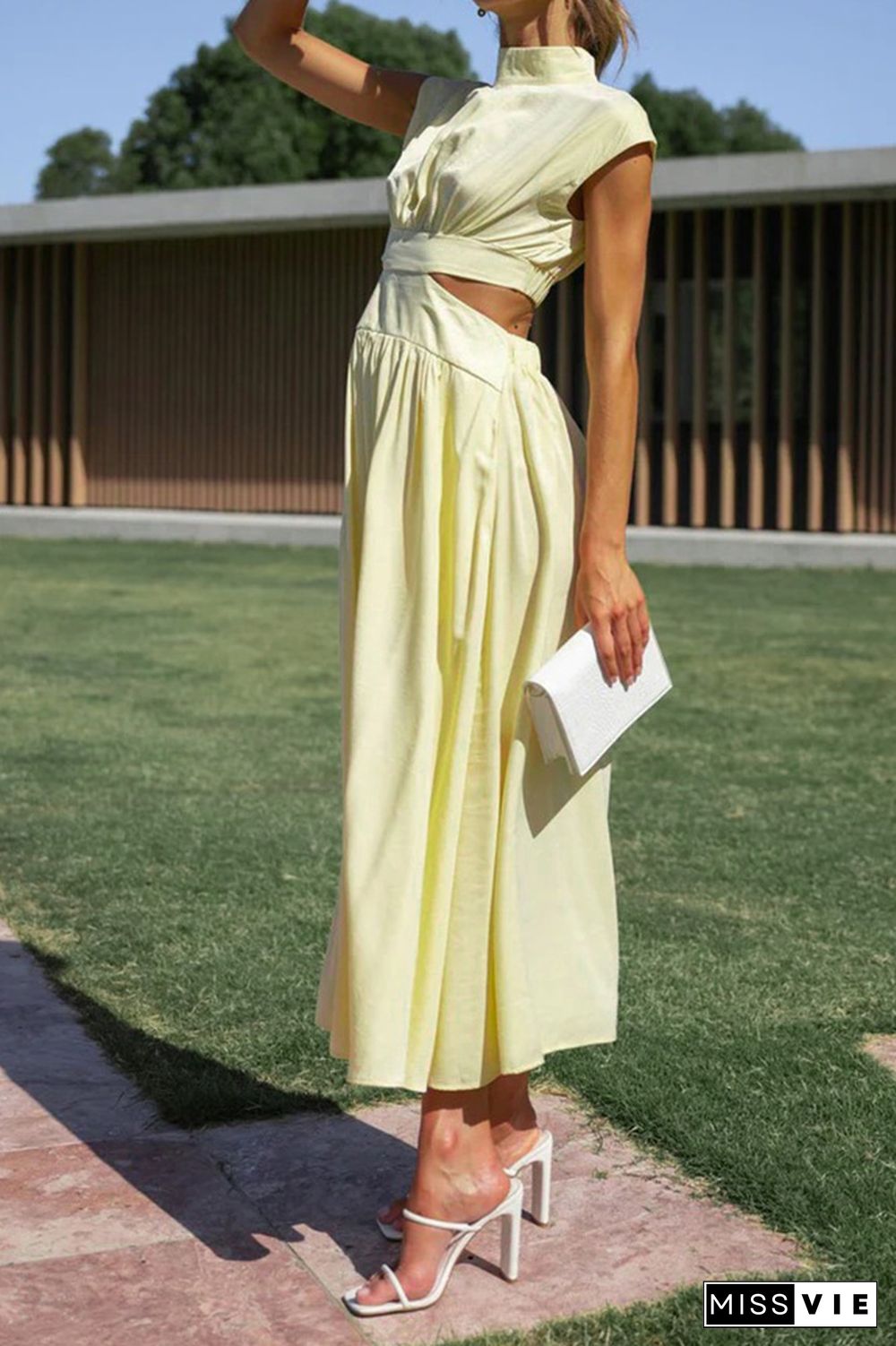 Plain Frilled High Collar Cut Out Waist Maxi Dress