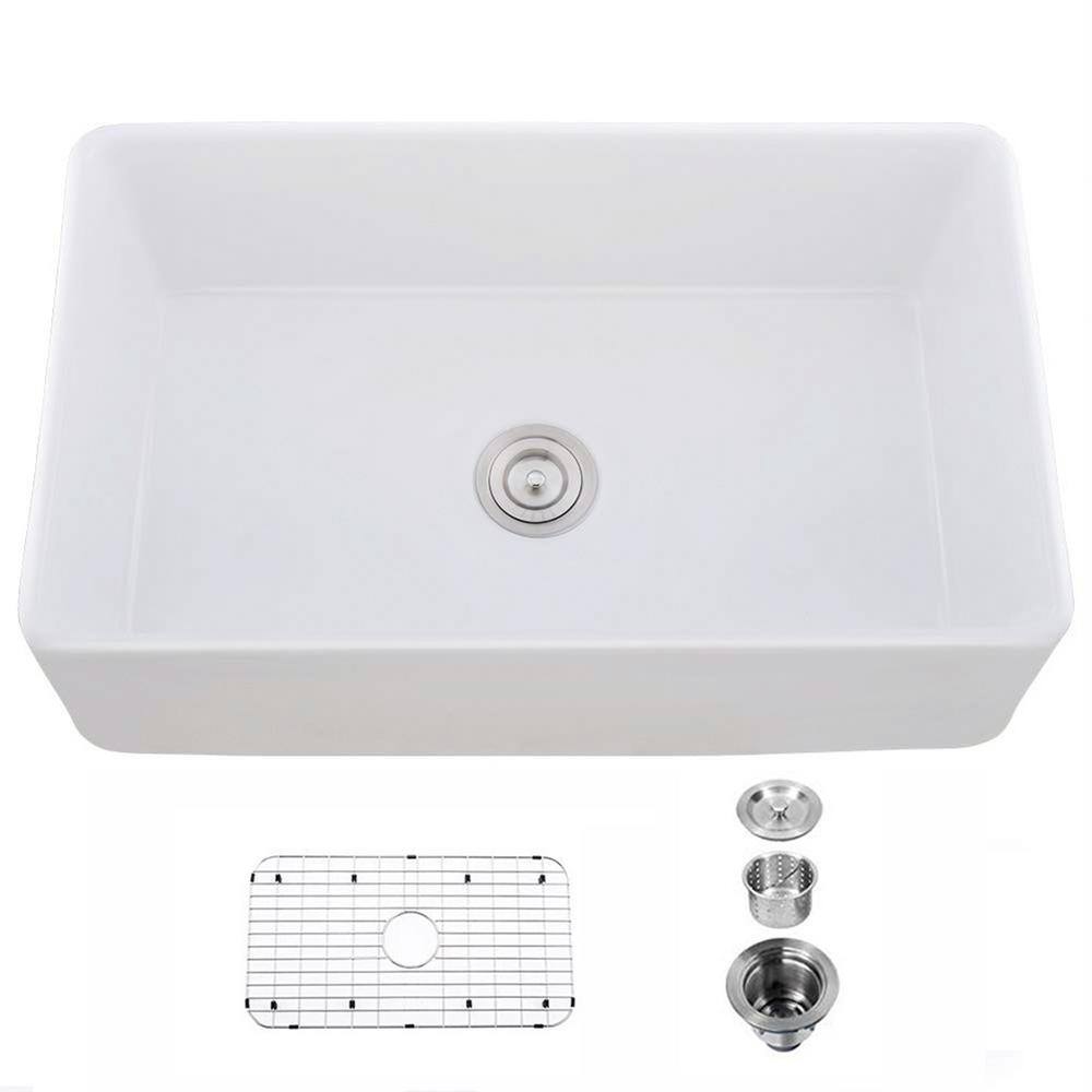 YASINU YSNSINKSA White Fireclay 33 in. Single Bowl Farmhouse Apron Kitchen Sink with Bottom Grid and Strainer YN3320A