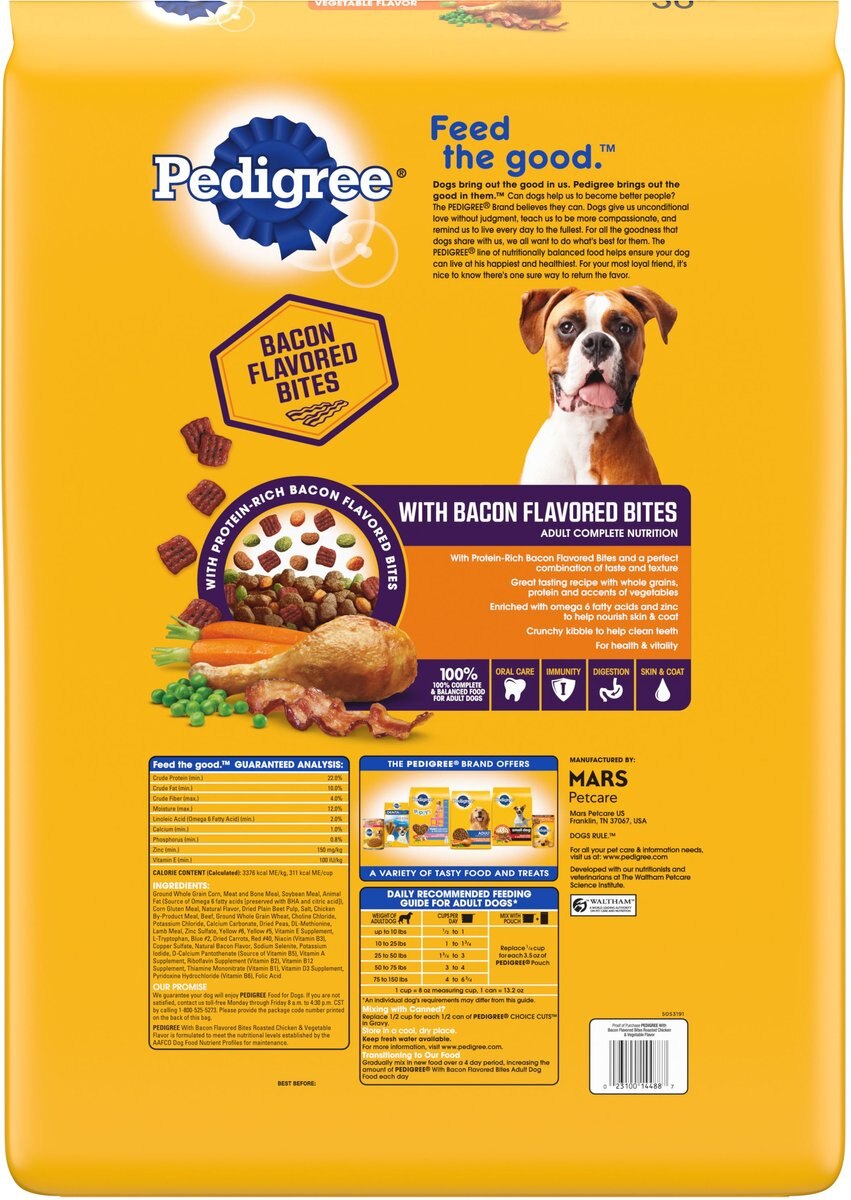 Pedigree Roasted Chicken and Vegetable Flavor w/Bacon Flavored Bites Adult Dry Dog Food， 18-lb bag