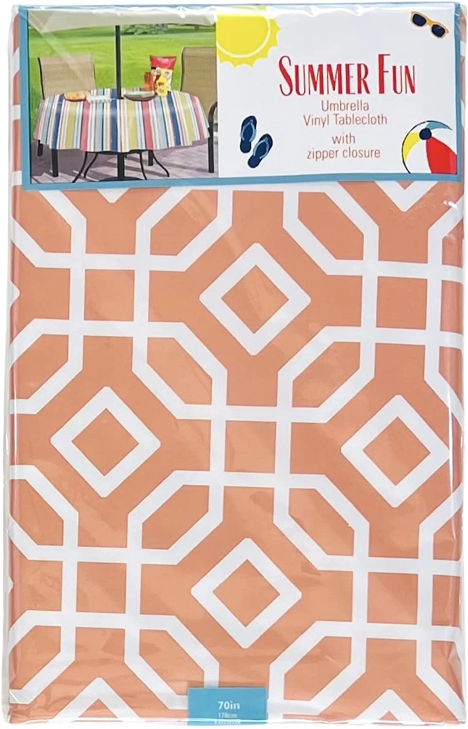 Summer Umbrella Vinyl Tablecloths: Patio Table Cover with Hole and Zipper Closure for Umbrella, 52" x 70" Inch Rectangle