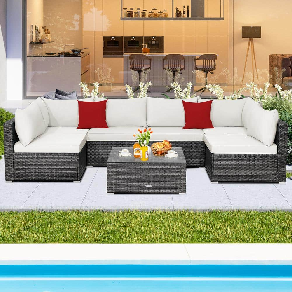 Costway 7-Piece Patio Rattan Furniture Set Sectional Sofa Cushioned Off White HW70439WH+