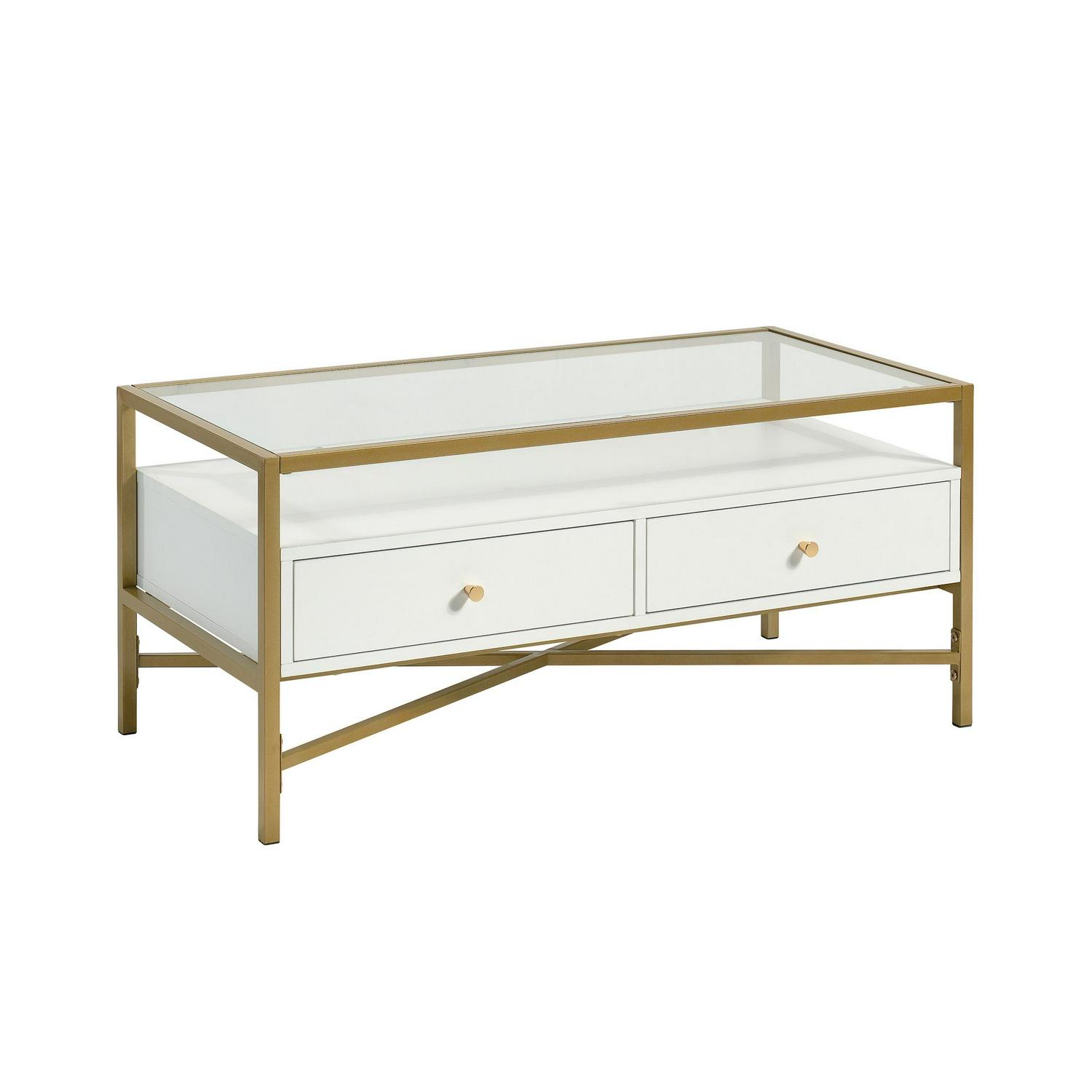 Curiod Glass Top Gold Metal Rectangular Coffee Table with Storage White Finish  Crowdfused