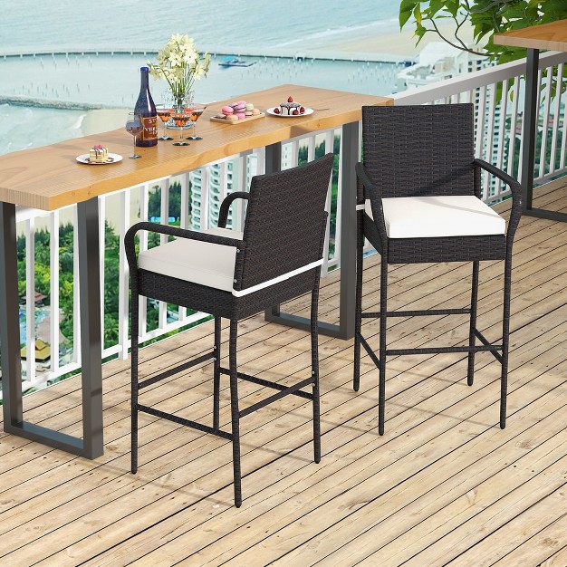 Costway 2pcs Patio Pe Wicker Bar Chairs Counter Height barstools With Armrests amp cushions