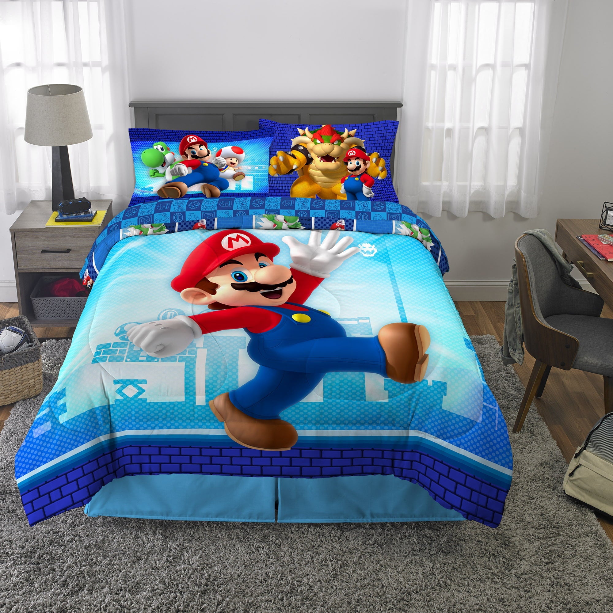 Super Mario Kids Full Bed in a Bag, Gaming Bedding, Comforter and Sheets, Blue, 