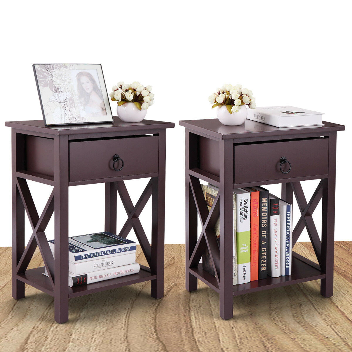 Topcobe Night Stand Set of 2, Nightstand Organizer w/ Storage Drawer, End Table Storage Cabinet for Bedroom, Living Room, Dining Room Furniture, Brown