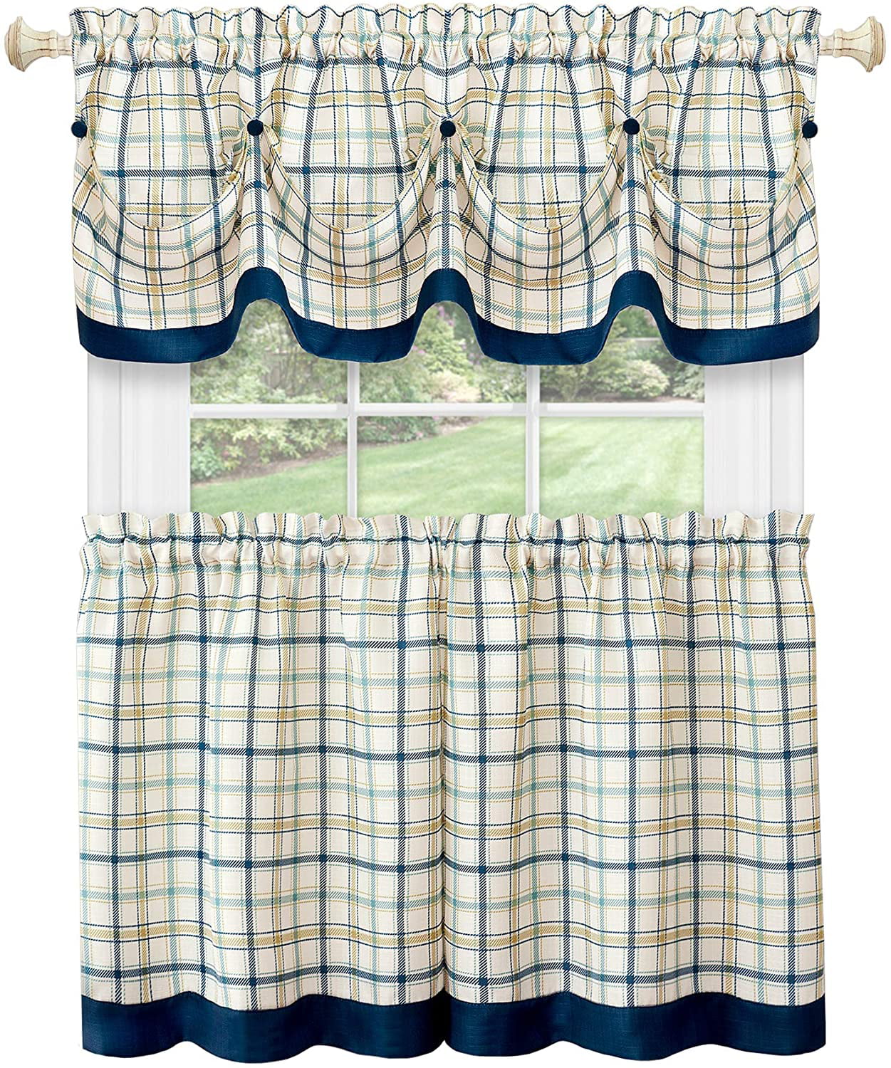 3-Piece Window Kitchen Curtain Set with Double Layer Plaid Gingham Fabric, Tier Pair Panels and Button Tab Top Valance, Navy, 24 Panel Length