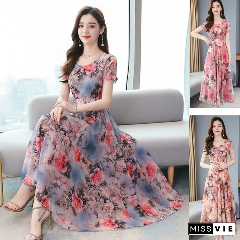 Ice Silk Long Skirt Summer Temperament Flower Long Skirt Retro Elegant Dress