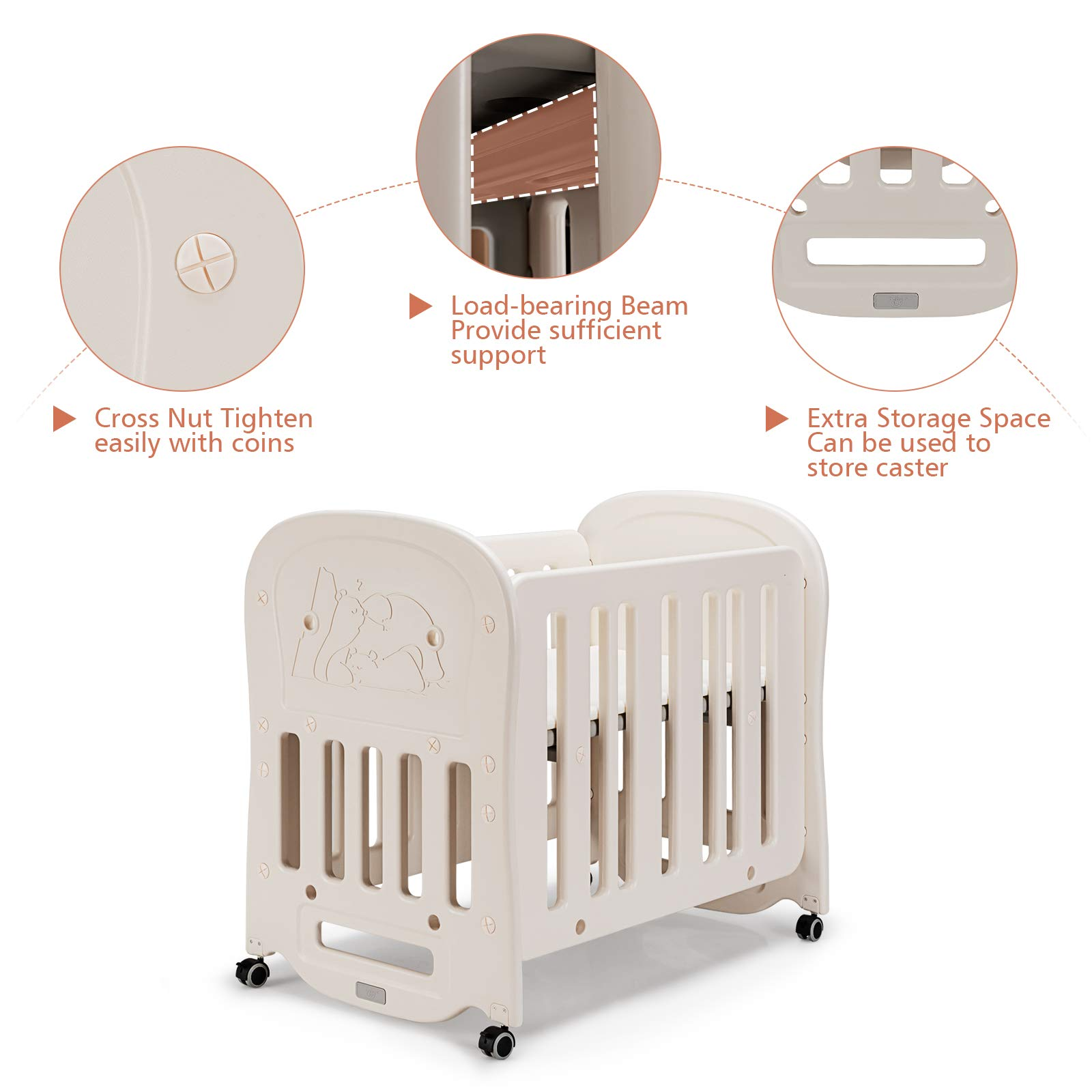 Rocking Bassinet Baby Bed with Detachable & Lockable Wheels for Easy Movement