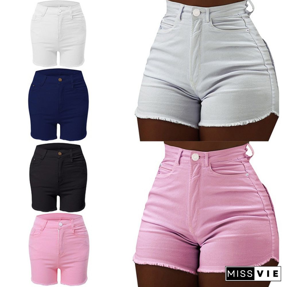 Summer High Waisted Denim Shorts Women Elastic Sliming Hip-Lifting Skinny Retro Jeans Mid-Waist Shorts