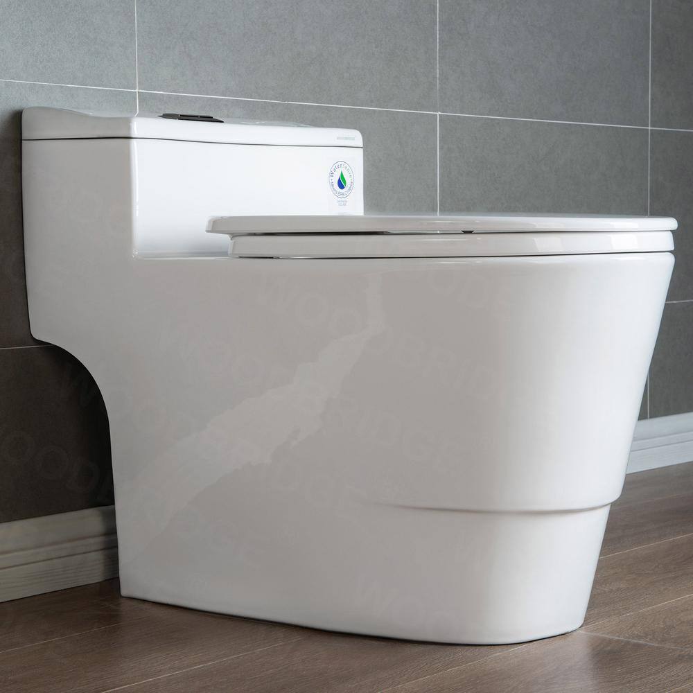 WOODBRIDGE Conserver 1-Piece 1.28 GPF High Efficiency Dual Flush Elongated All-in-One Toilet in White with Seat Included HB0735MB