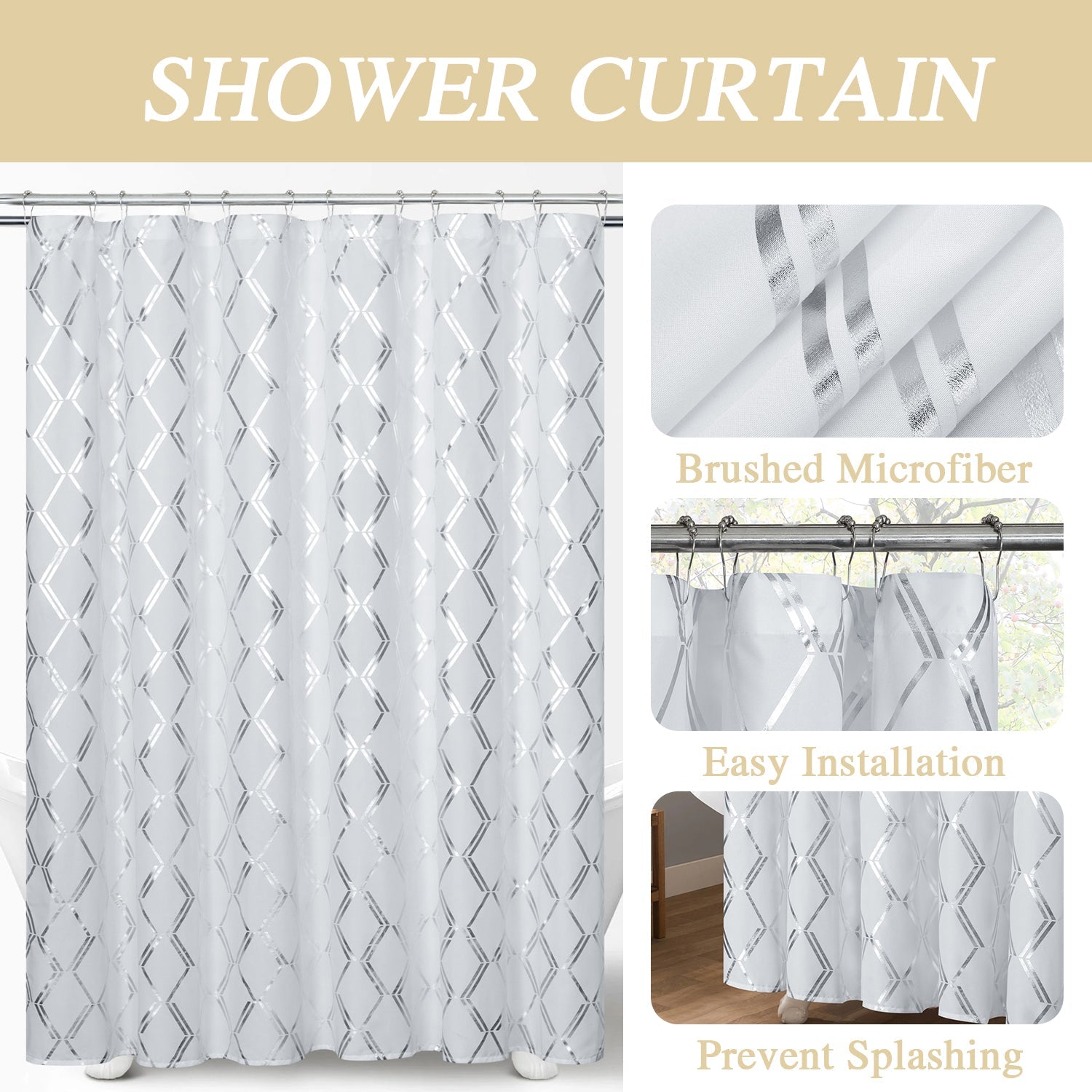 HIG Shower Curtain with Foil Geometric Diamond Print Pattern, Decorative Bling Fabric Shower Curtains for Bathroom, Elegant Stylish Microfiber Bath Curtain, 72 x 72 In