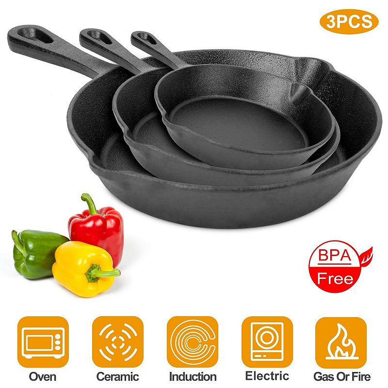 Department Store 3Pcs Pre-Seasoned Cast Iron Skillet Set 6/8/10in Non-Stick Oven Safe Cookware Heat-Resistant Frying Pan