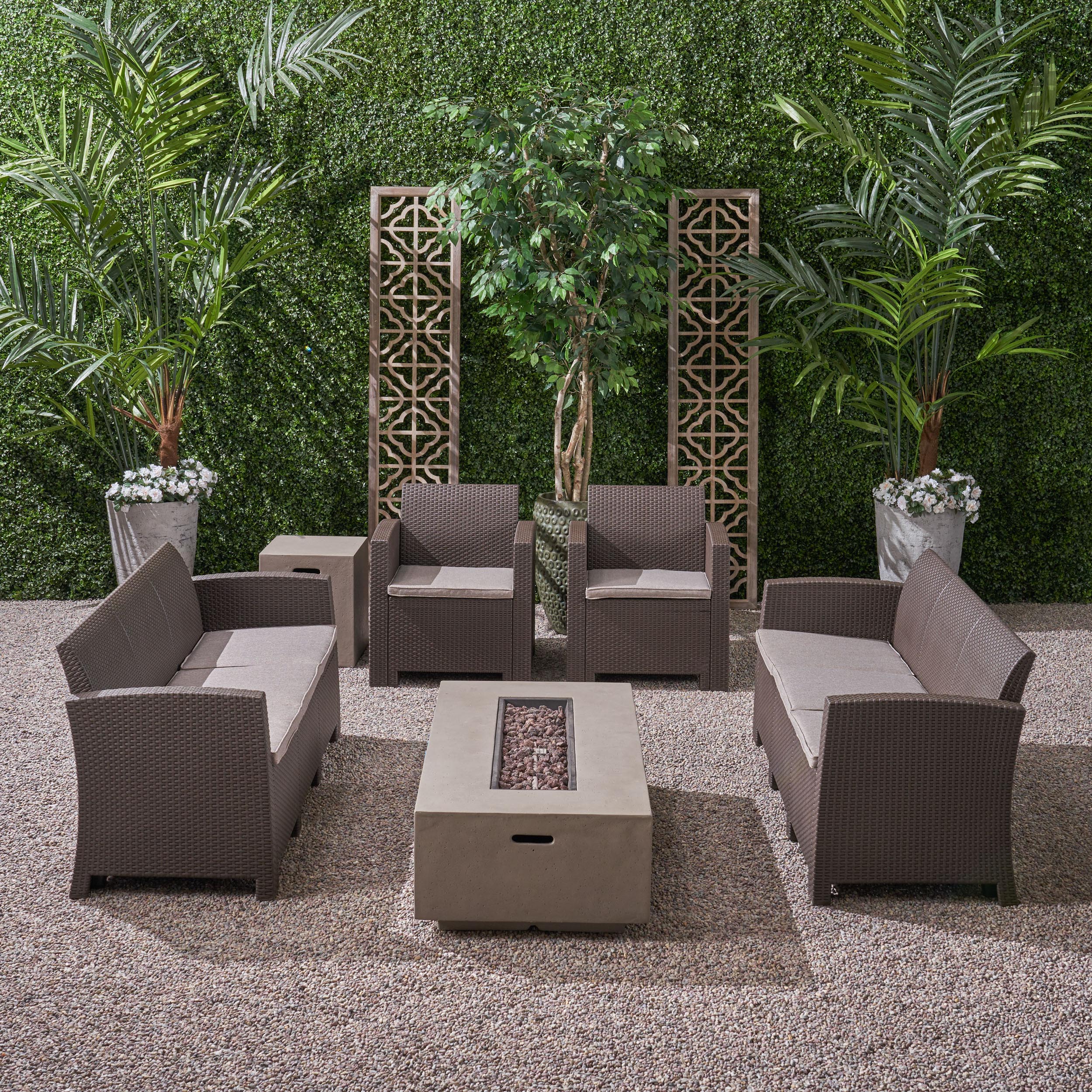 Morena Outdoor 8-Seater Wicker Print Chat Set with Fire Pit and Tank Holder