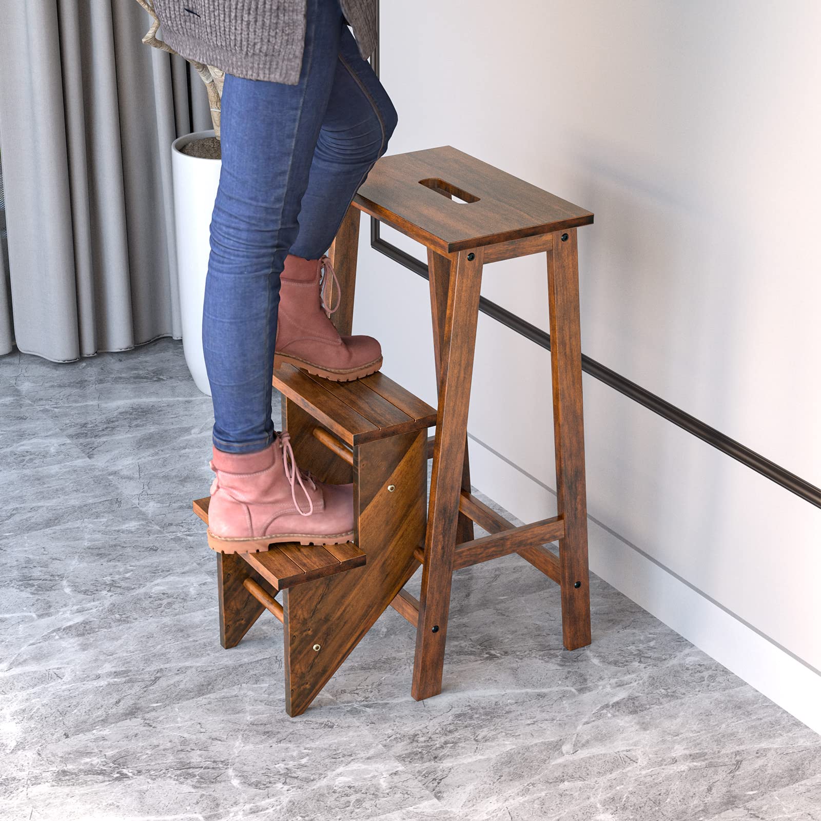 Folding Step Stool 3 Tier Wood Ladder, 3-in-1 Design with Ladder