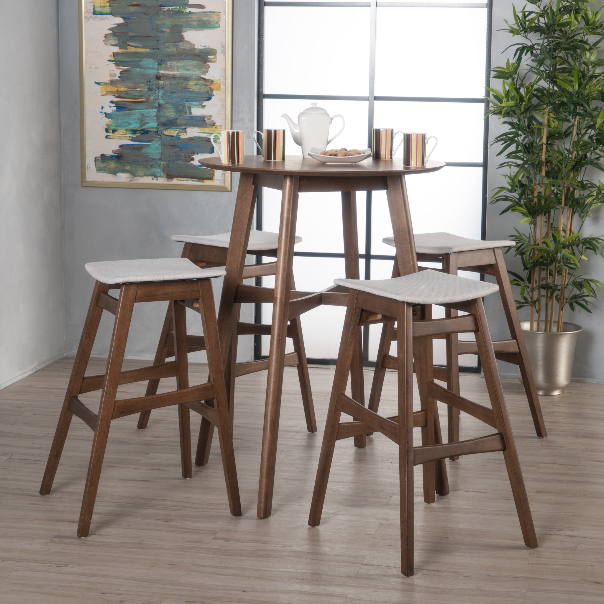 Simi Natural Walnut Finish Circular 5 Piece Bar Height Dining Set