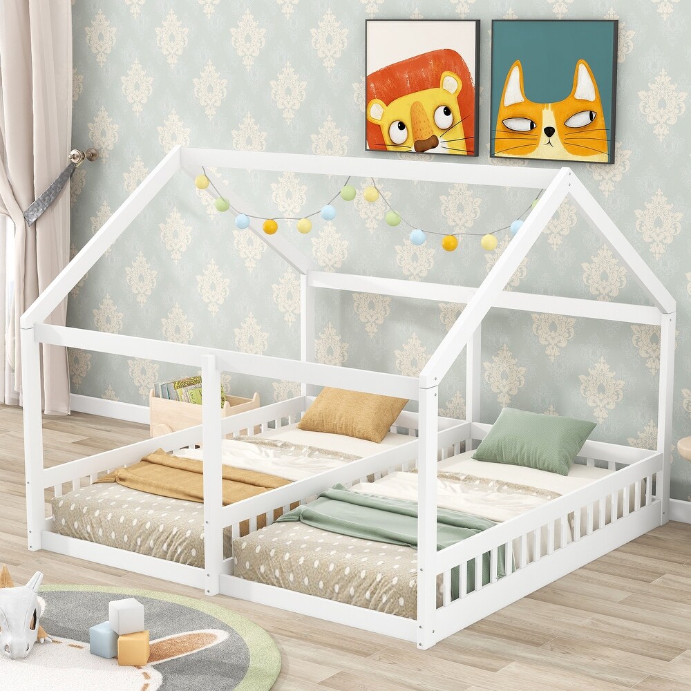 Pine Wood House Platform Beds  Two Shared Beds for Kids  Solid Wood Slats Support  Cozy Bedroom Furniture  Twin Size